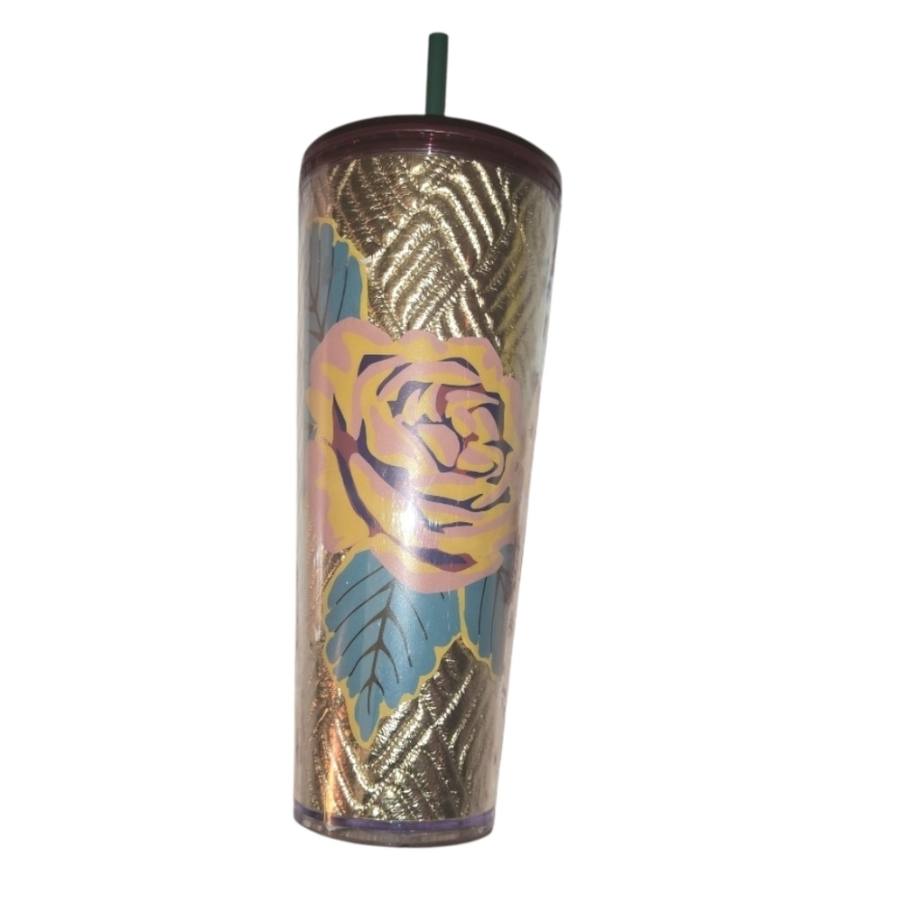 Starbucks 2020 Metallic Gold Foil Quilted Rose Floral Venti Tumbler
